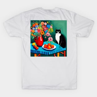 Tuxedo Cat with Fruit and Flowers Still Life Painting T-Shirt